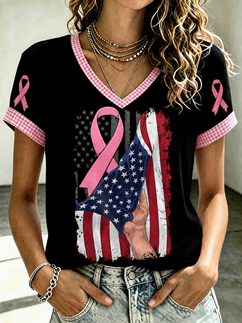 Women'S Flag Breast Cancer Awareness Print Short Sleeve T-Shirt