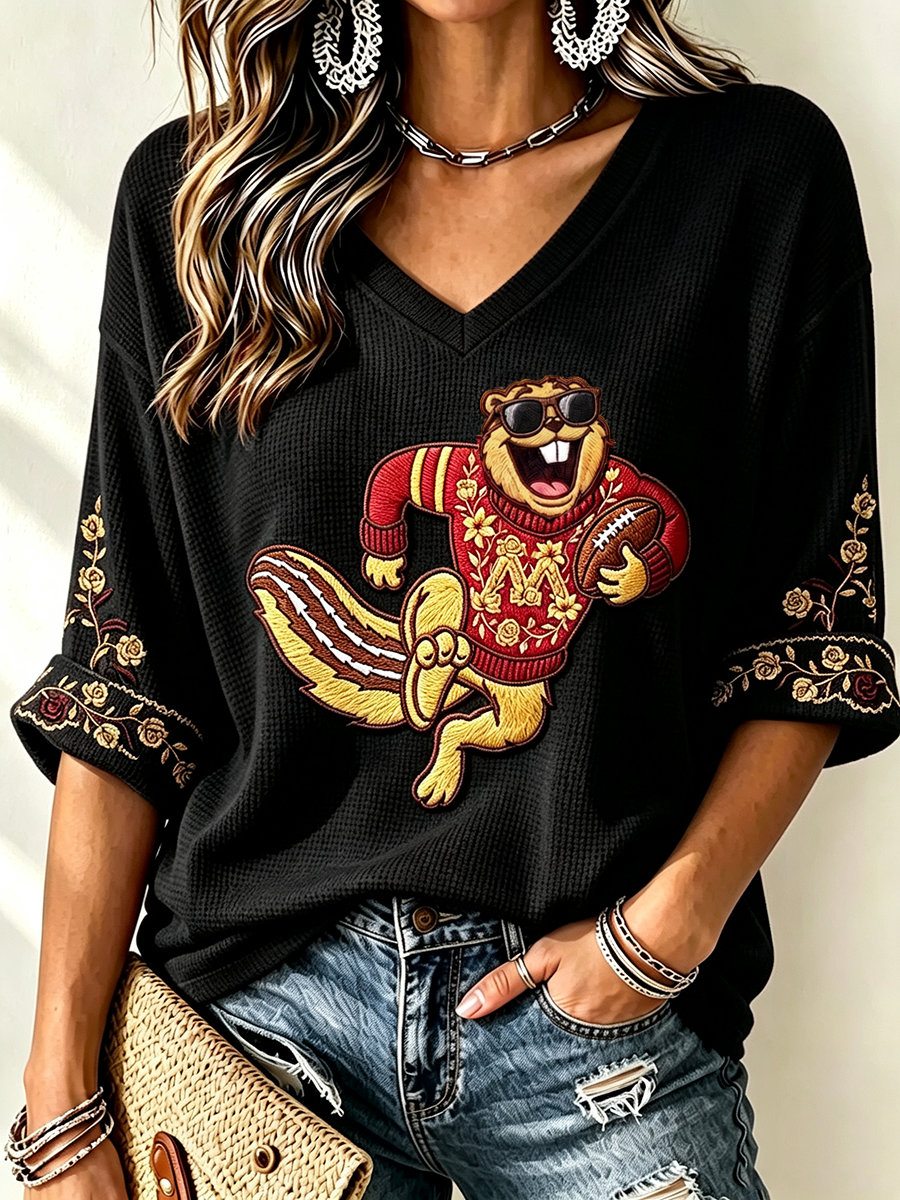 Women'S Rugby Patterned Waffle V-Neck Top