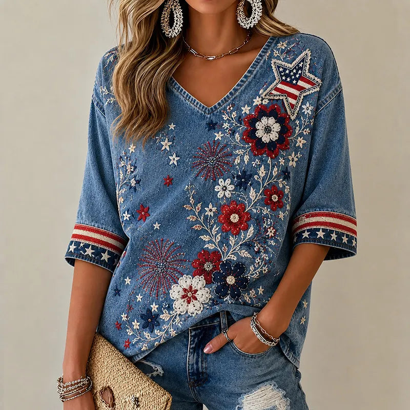 Women's American Retro Floral Print Casual Top