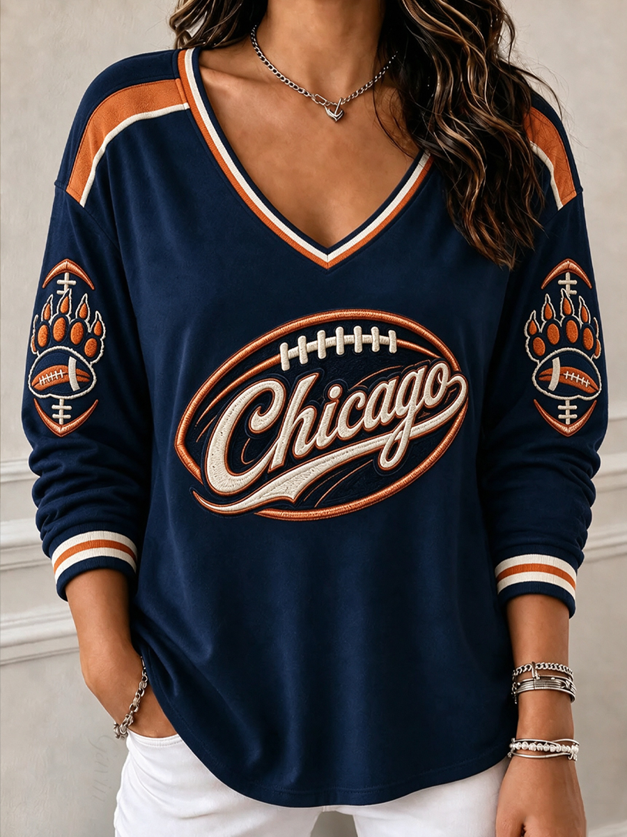 Women'S Football Gameday Gift For Football Fans V-Neck Long Sleeve T-Shirt