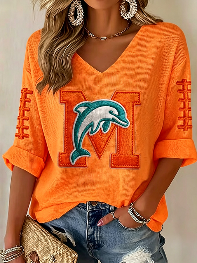Women'S Rugby Patterned Waffle V-Neck Top