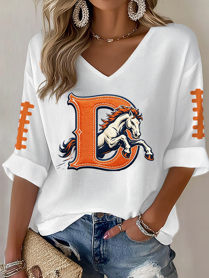 Women'S Rugby Patterned Waffle V-Neck Top