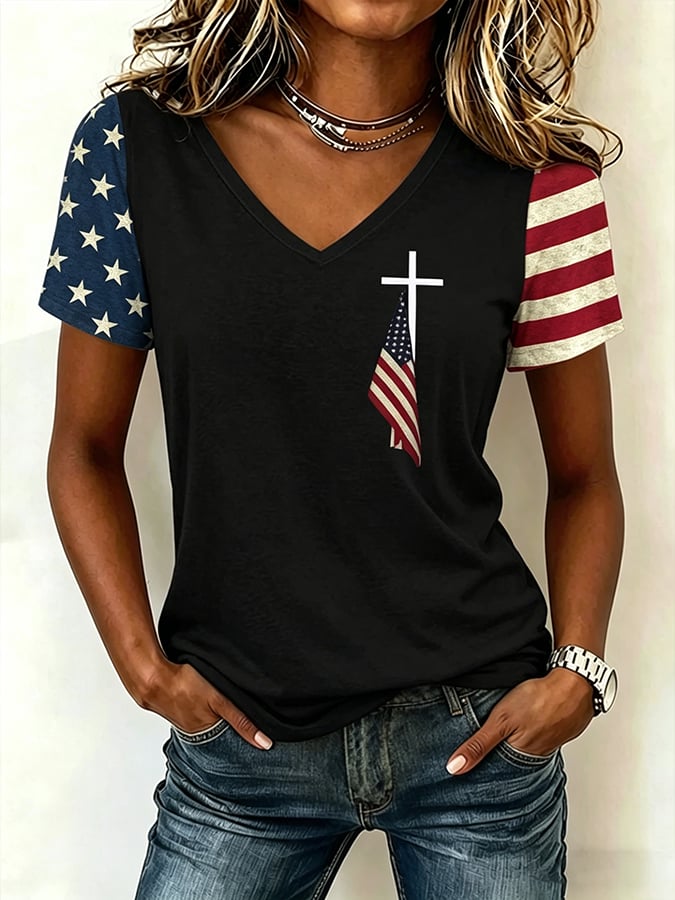 Women's Vintage American Flag Print Casual T-shirt
