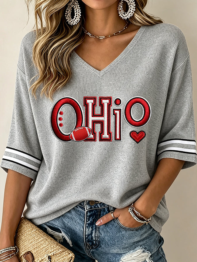 Women'S College Rugby Printed Waffle V-Neck Top
