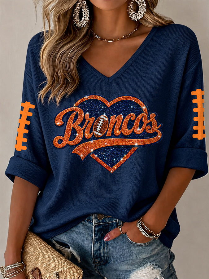 Women'S Rugby Patterned Waffle V-Neck Top