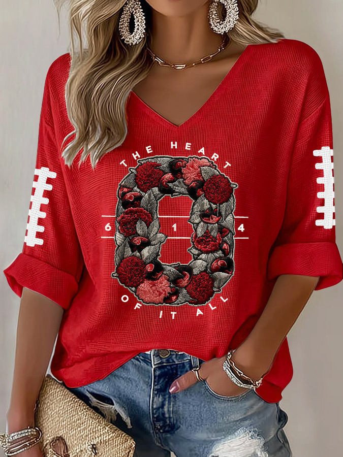 Women'S Rugby Patterned Waffle V-Neck Top