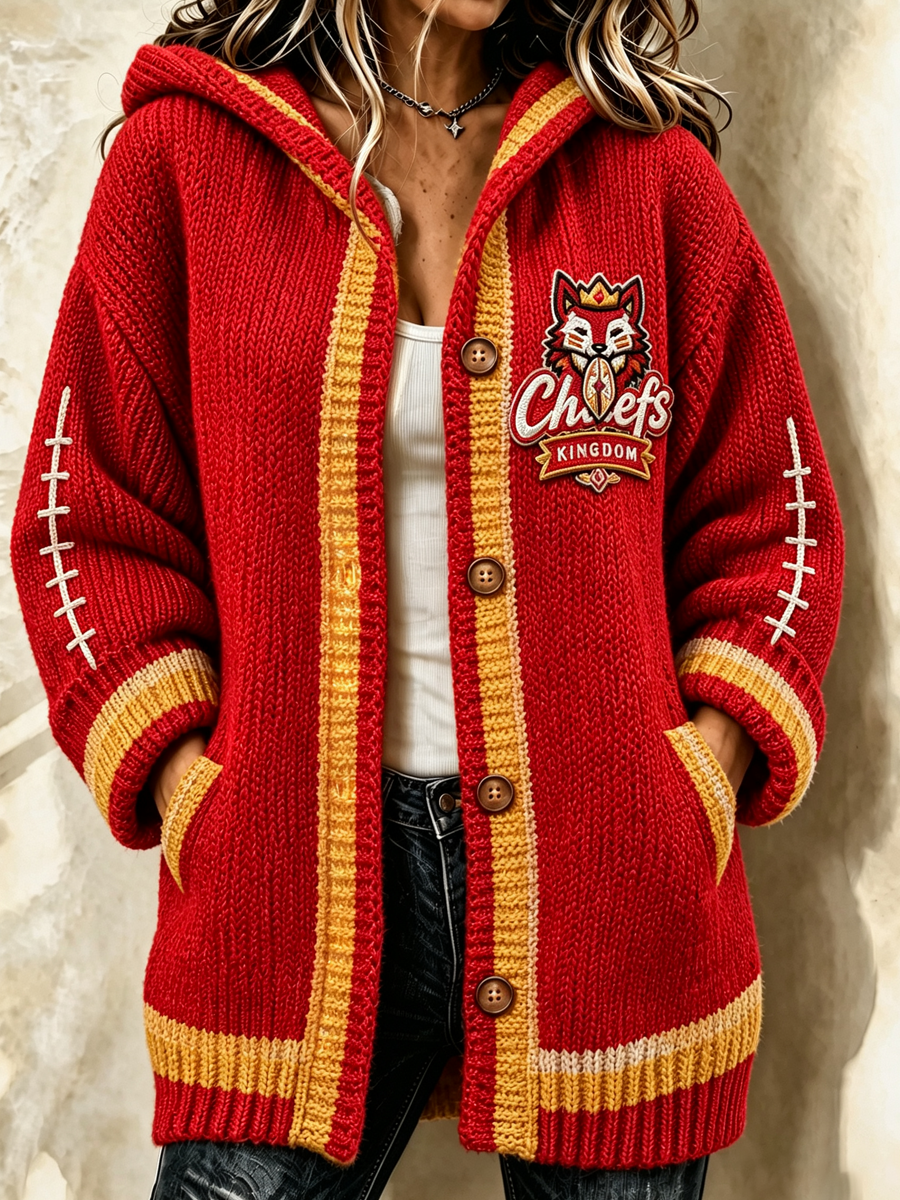 Women'S Football Print Casual Hooded Long Cardigan