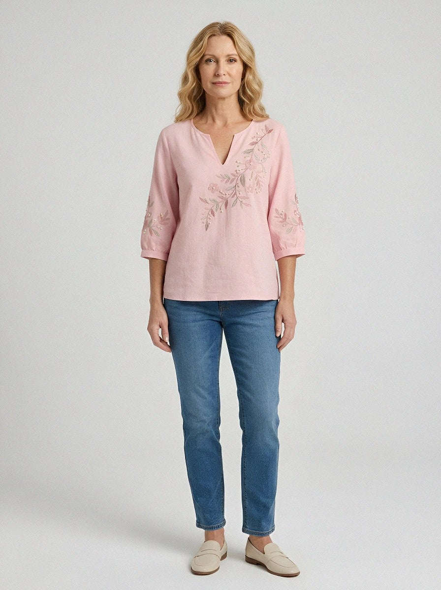 Women's Breast Cancer Awareness Floral Pearl Embroidered Printed Top