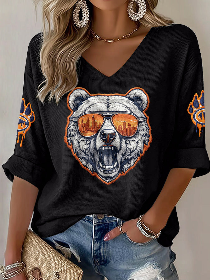 Women'S Rugby Printed Waffle Long Sleeve T-Shirt