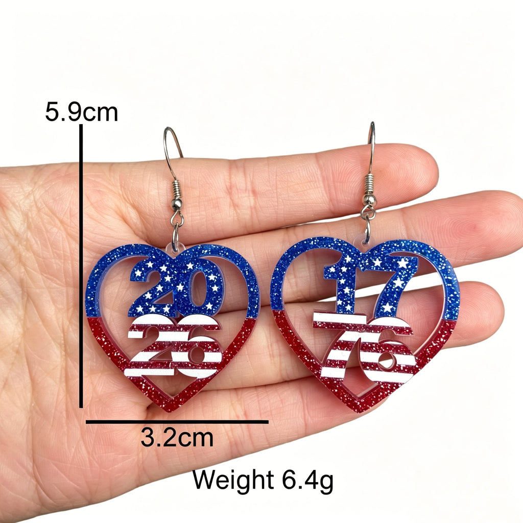 250th Anniversary of U.S. Independence Day — Acrylic Heart, Teardrop, and Number Double-Layer Earrings