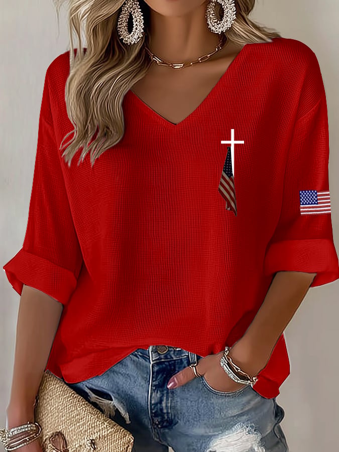 Women's Vintage American Flag 250th Anniversary Print Casual Waffle T-Shirt