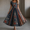 Women's American Retro Floral Denim Print Casual Dress
