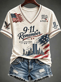 Women's Retro America's 9/11 Patriot Day Print V Neck T-Shirt