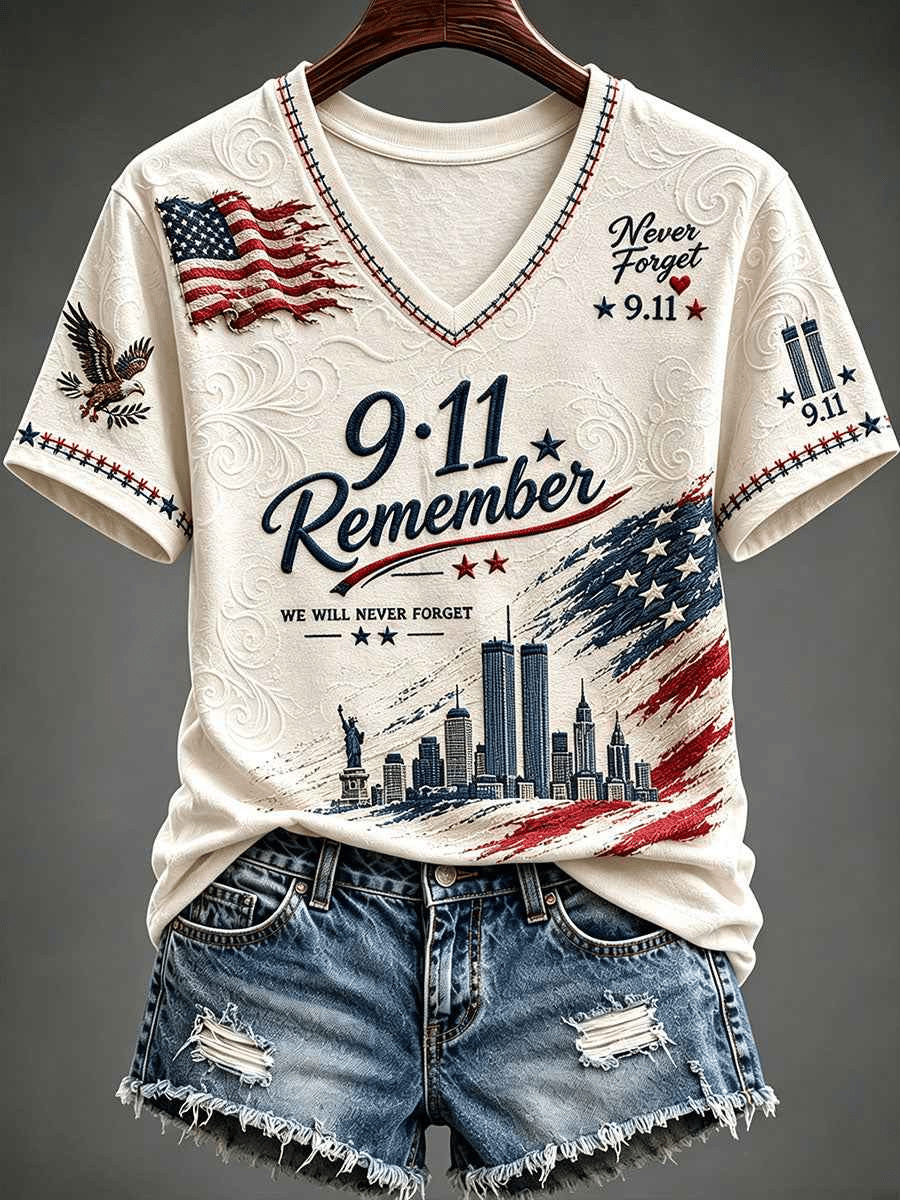Women's Retro America's 9/11 Patriot Day Print V Neck T-Shirt