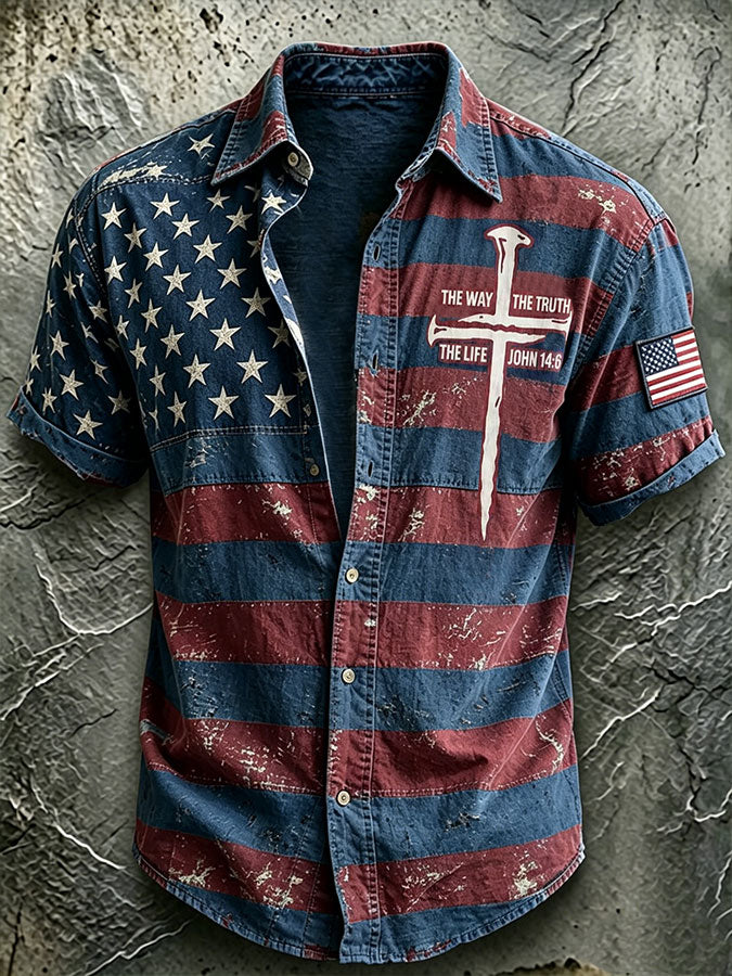 Men'S America Flag Printed Casual Collar Shirt