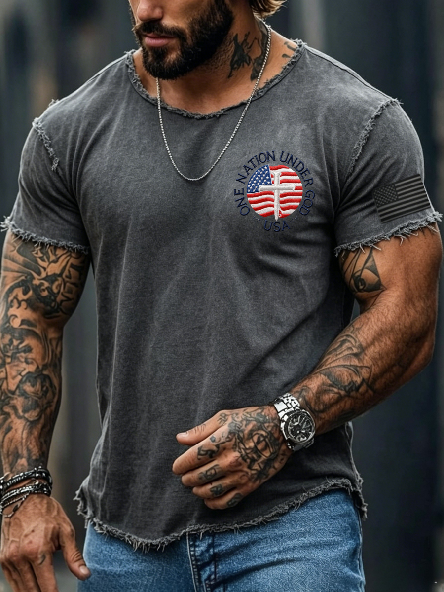 Men's Casual Washed Vintage American Flag Printed Round Neck Top