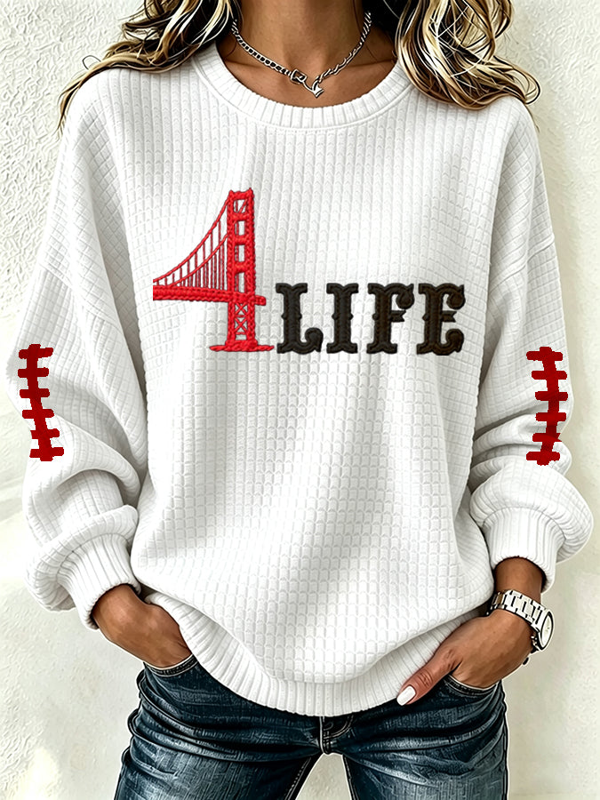 Women'S Football Print Waffle Long Sleeved Round Neck Sweatshirt