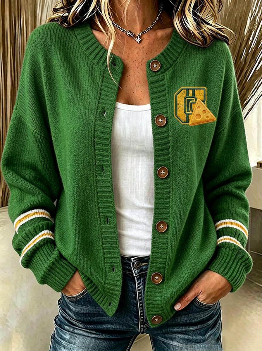 Women's Green Bay Packers Cheesehead Logo Embroidered Cardigan