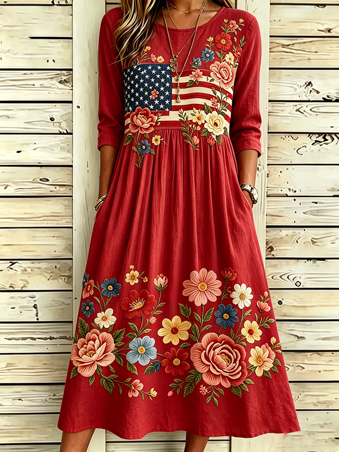 Women'S Flag Floral Printed Casual Dress