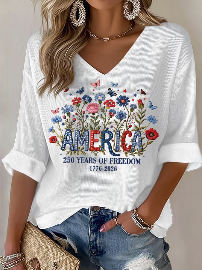 Women's casual retro 250th anniversary waffle-knit long-sleeved T-shirt