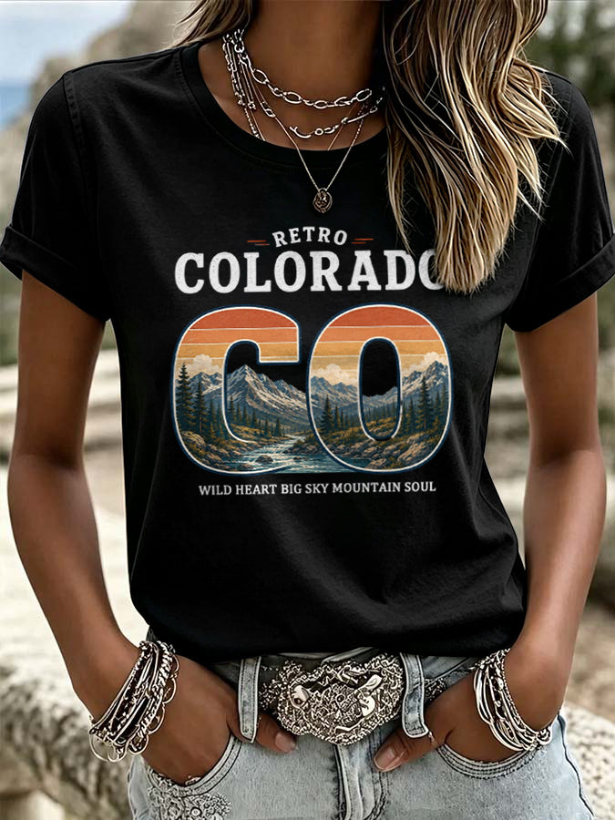 Women'S Casual COLORADO STRONG Mountain Fire Printed Round Neck Casual Short Sleeved T-Shirt