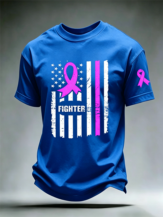 Men'S US Flag Breast Cancer Print T-Shirt
