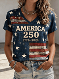 Women's 250th Anniversary American Patriotic Commemorative Retro Casual V-Neck T-Shirt