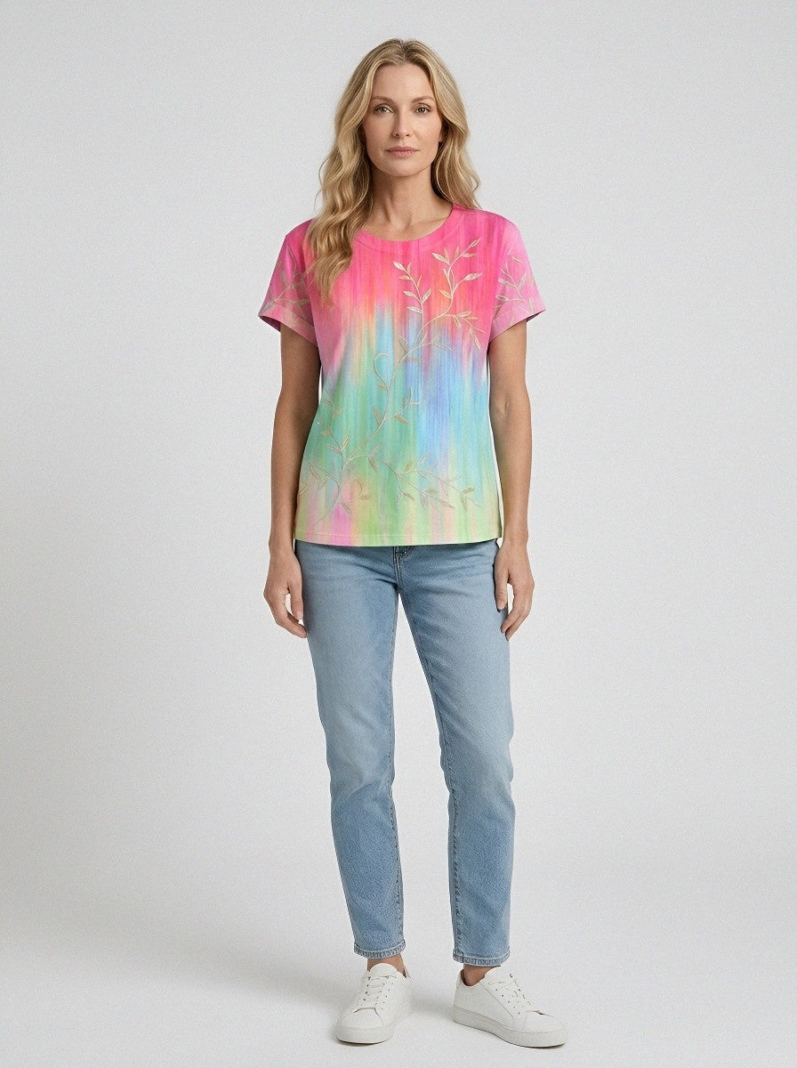 Women's Breast Cancer Awareness Pink Gradient Leaf Printed T-shirt