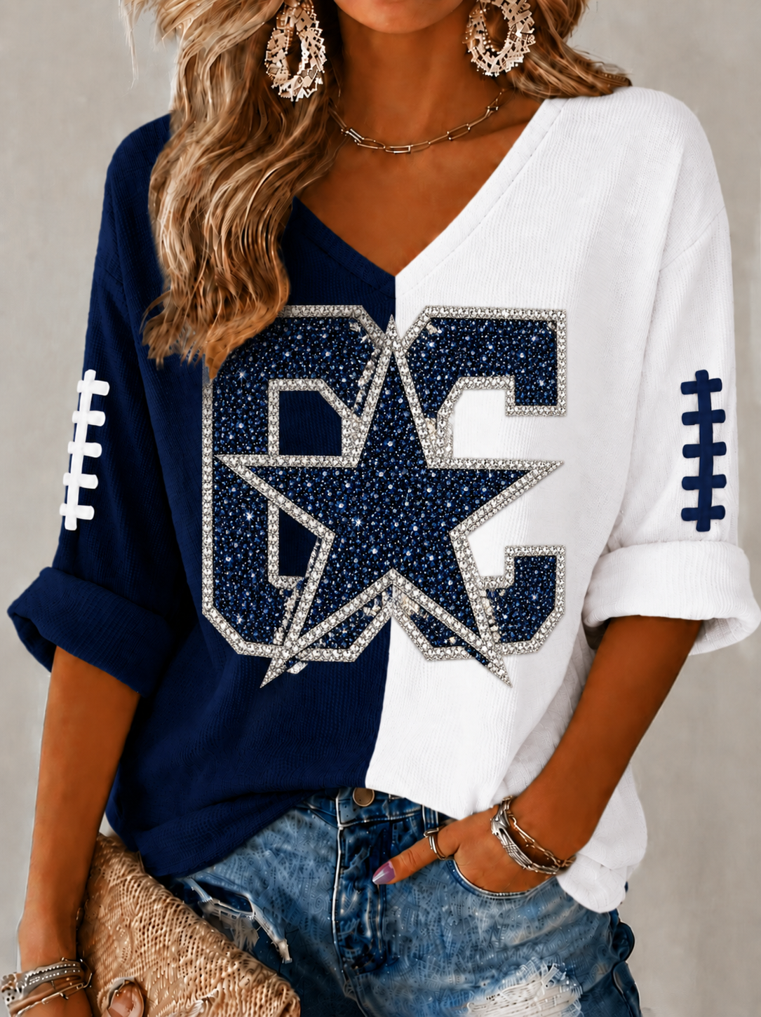 Women'S Rugby Patterned Waffle V-Neck Top