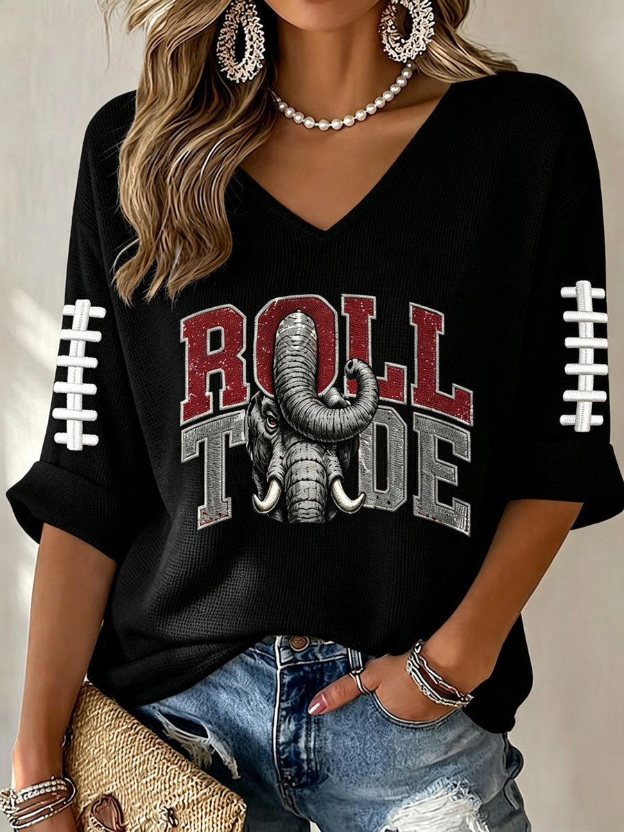 Women'S Rugby Patterned Waffle V-Neck Top