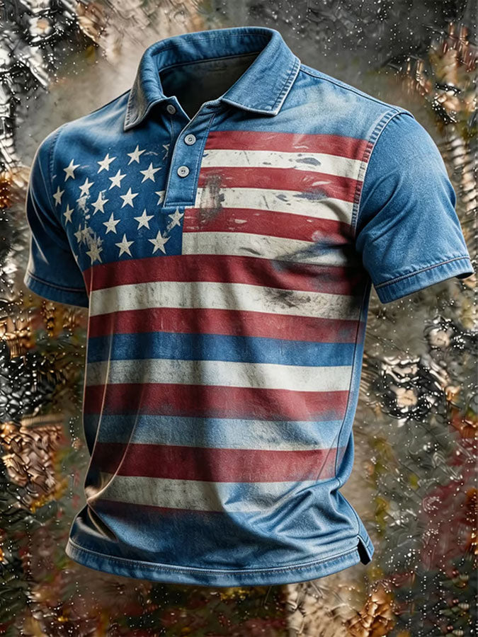 Men'S America Flag Print Casual Polo Shirt