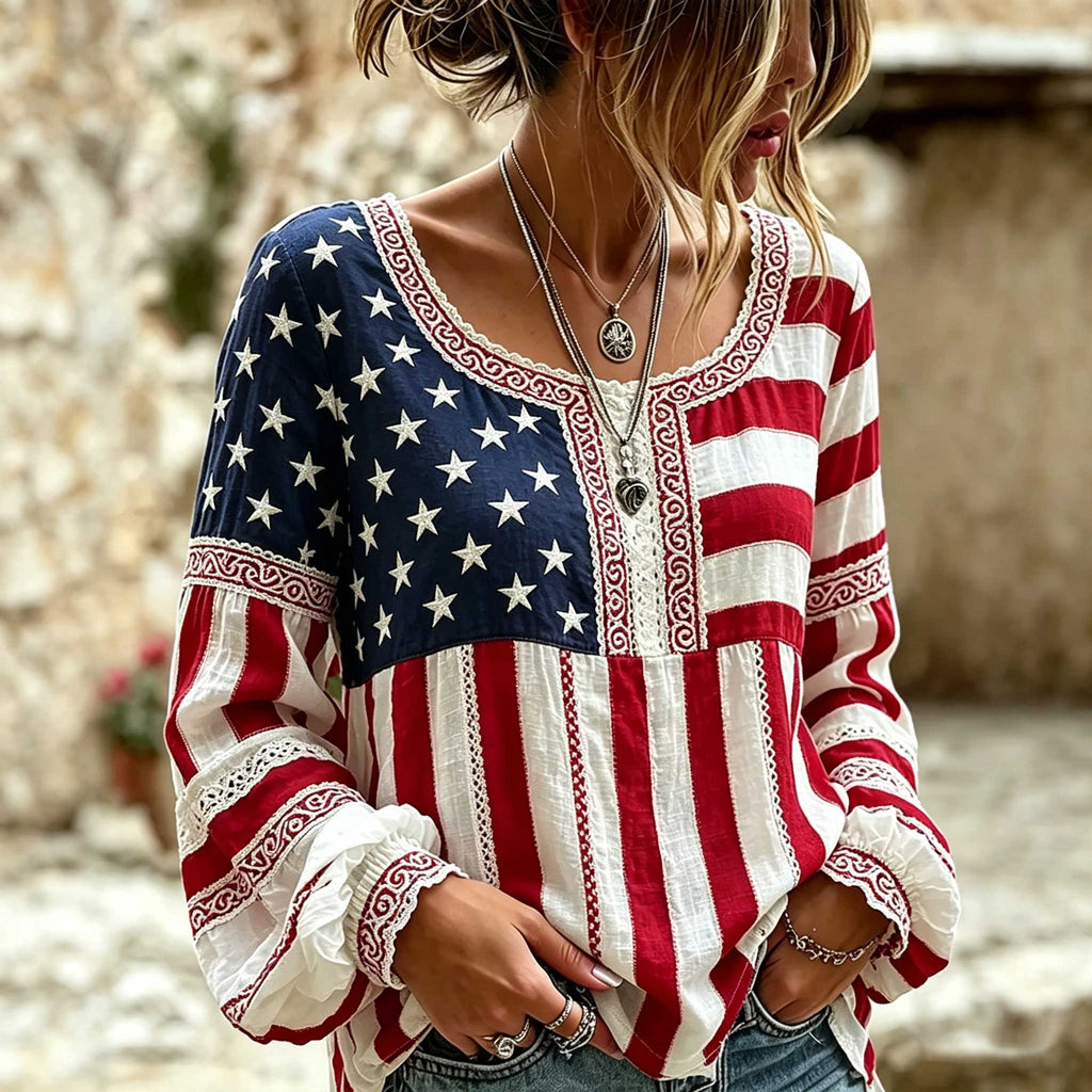 Women's Retro Independent Floral Patchwork Art Print Long Sleeve T-shirt