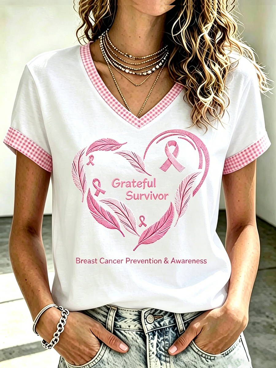 Women's Love Pink Ribbon Embroidered Casual T-shirt