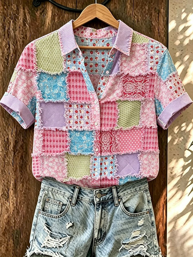 Cotton Linen Flower Embroidery Printed Short Sleeved Shirt