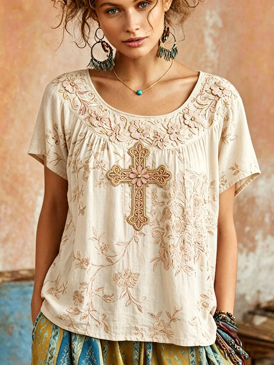 Women's Vintage Cotton-Linen Top with Wing and Cross Motif