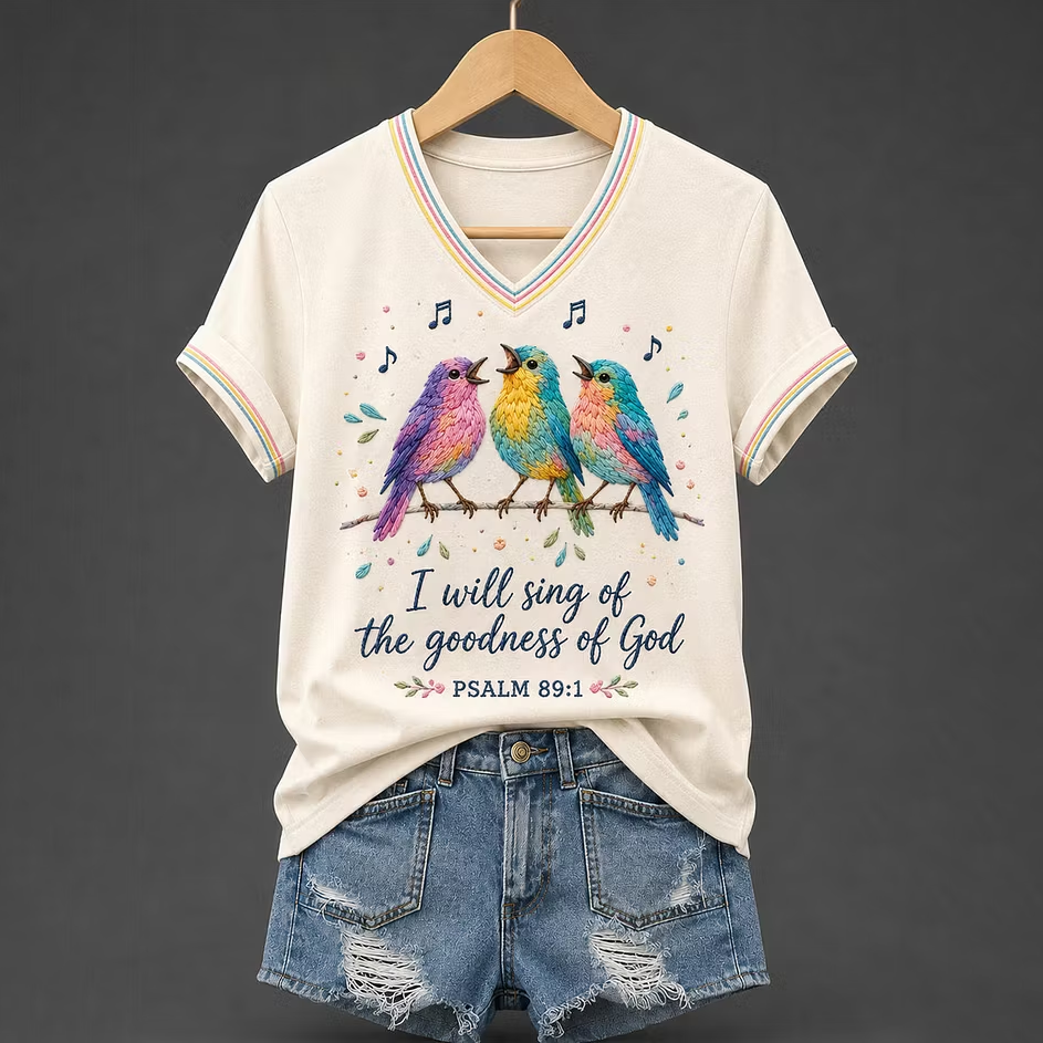 Women's I Will Sing Of The Goodness Of God Psalm 89:1 Christian Bird Print Casual V-Neck Tee