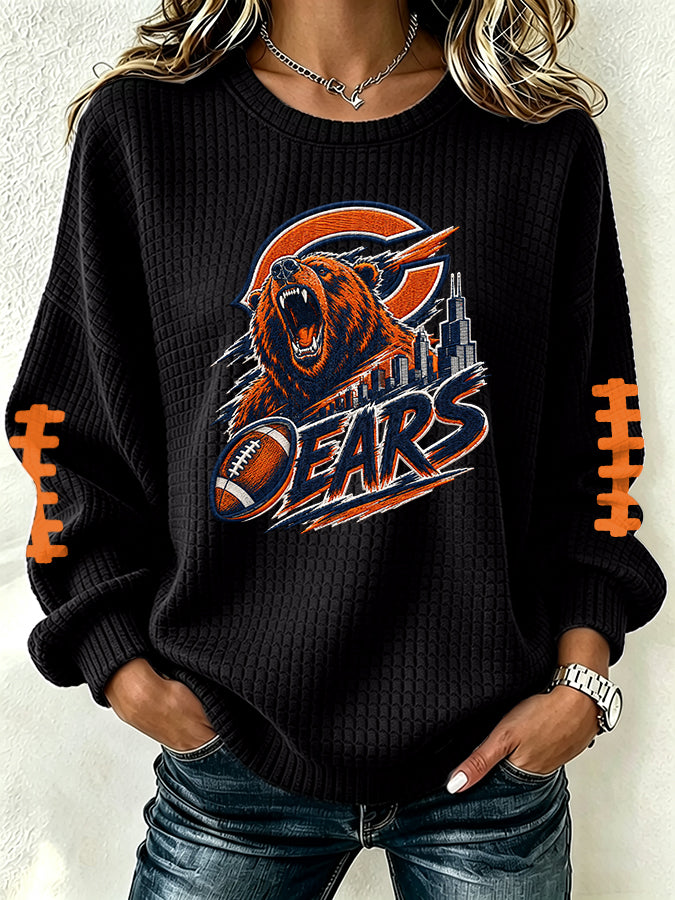 Women's football fan waffle long sleeved round neck sports shirt