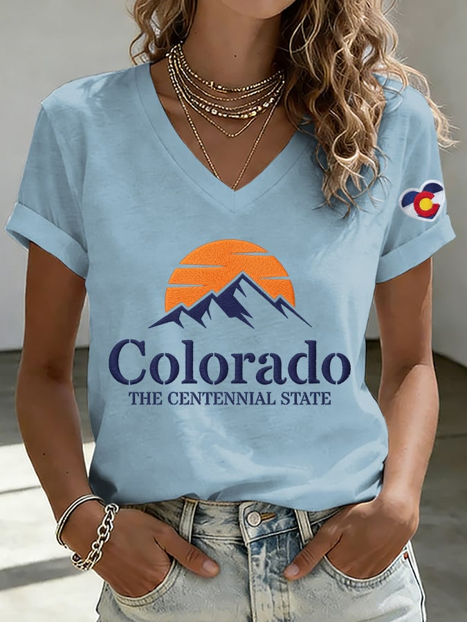 V-Neck Retro Colorado The Centennial State Print T-Shirt