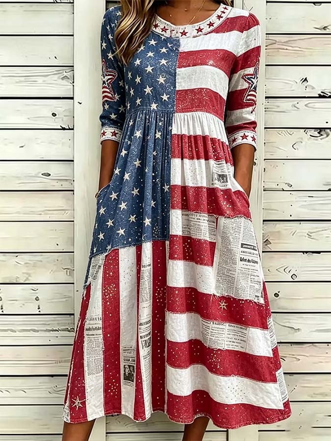 Women'S Casual Loose Dress With Independence Day Print