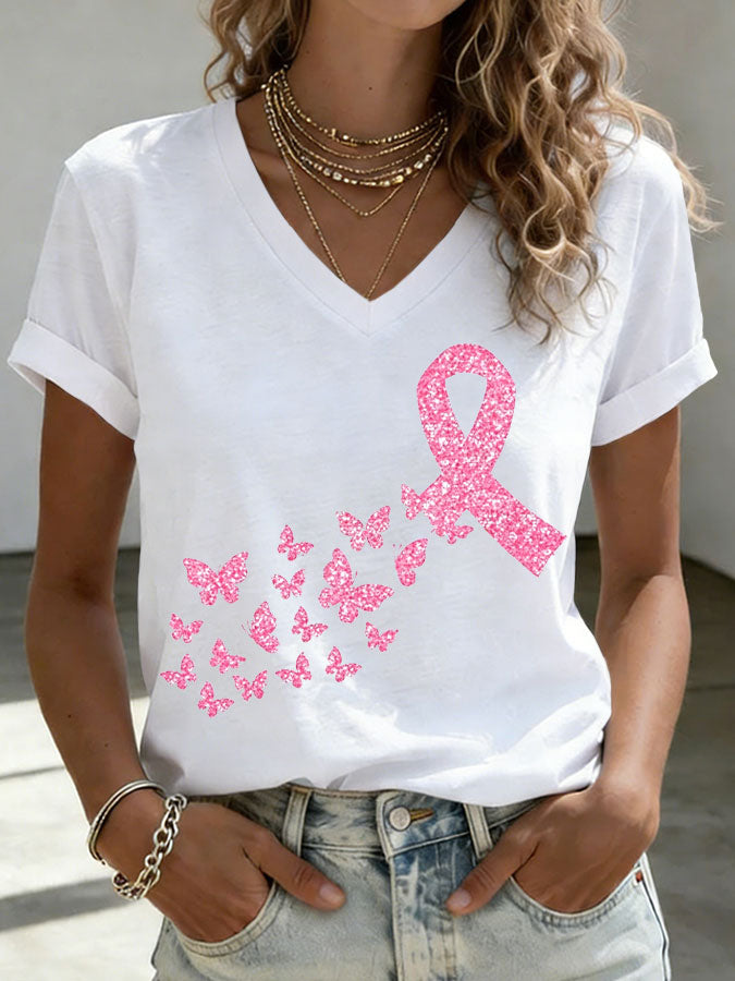 Women'S Pink Ribbon Print Printed T-Shirt