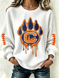 Women'S Football Print Waffle Long Sleeved Round Neck Sweatshirt