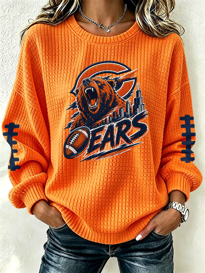 Women's football fan waffle long sleeved round neck sports shirt