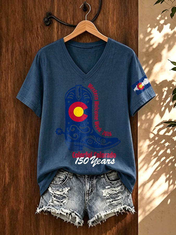 V-Neck Retro Western Welcome Week 2026 Colorful Colorado 150 Years Print T-Shirt