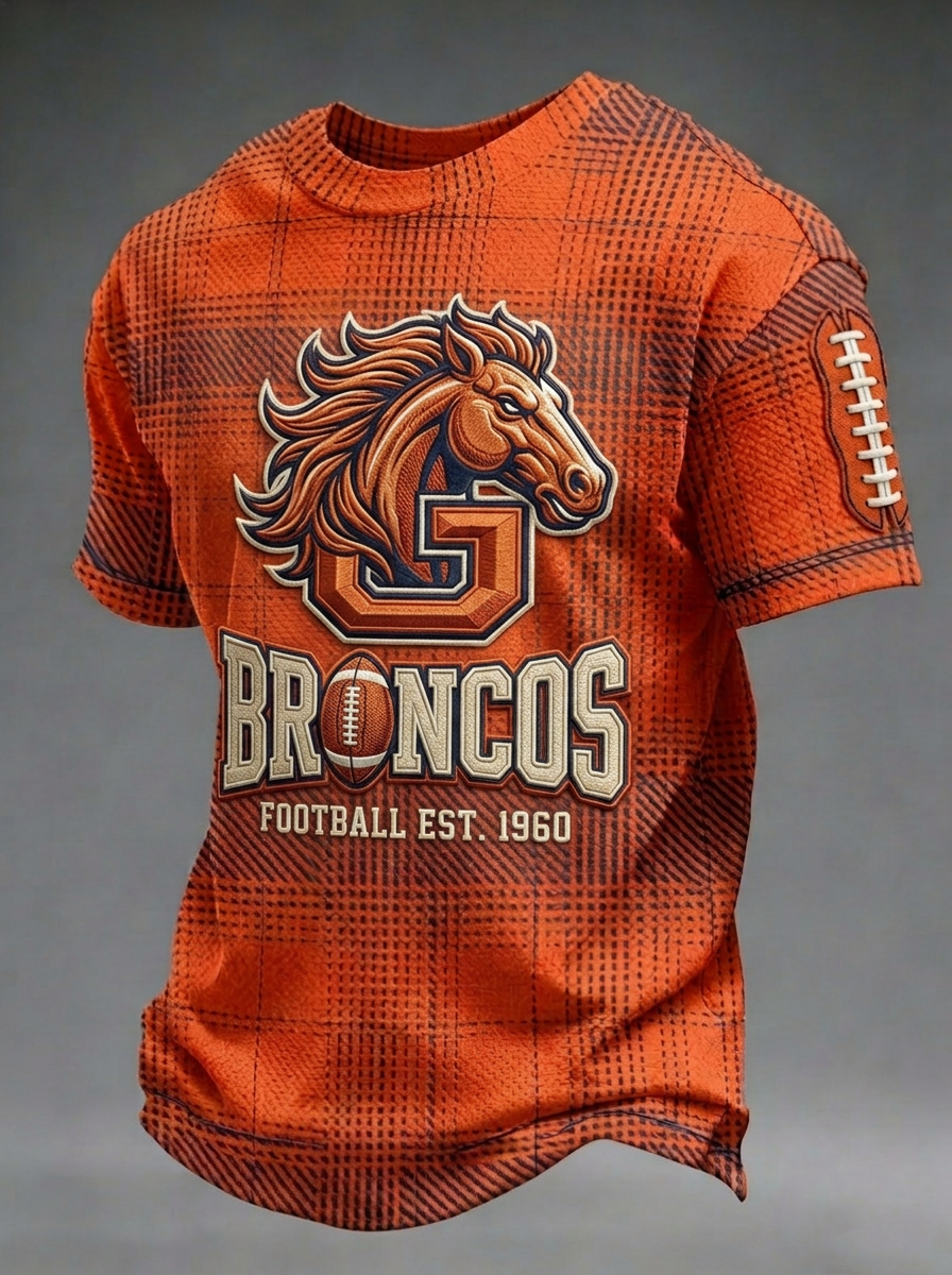 Men's Denver Broncos Football Plaid Pattern Printed T-shirt