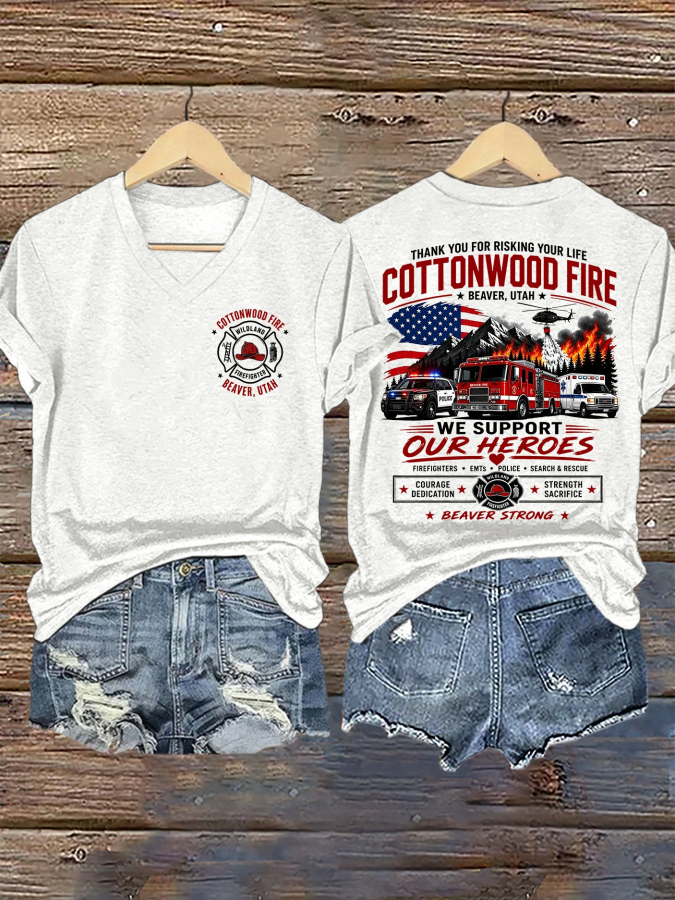 V-Neck Retro Beaver Strong Cottonwood Fire Beaver, Utah We Support Our Heroes Courage • Dedication • Strength • Sacrifice Print T-Shirt