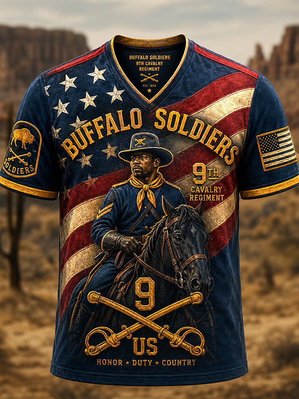 Men's Retro Western Buffalo Soldiers 9th Cavalry Regiment Print V Neck T-Shirt