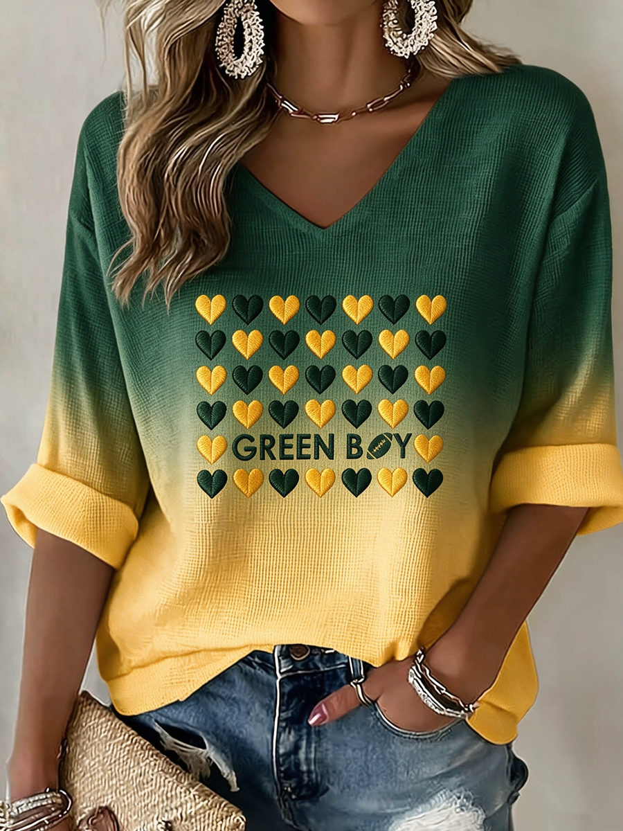 Women'S College Football Printed Waffle V-Neck Top