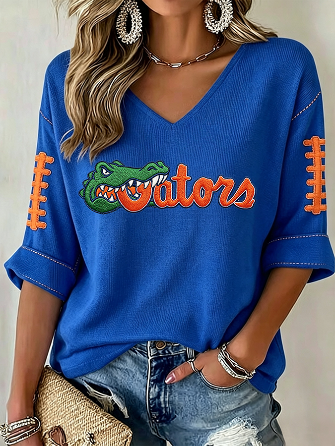 Women'S Rugby Patterned Waffle V-Neck Top