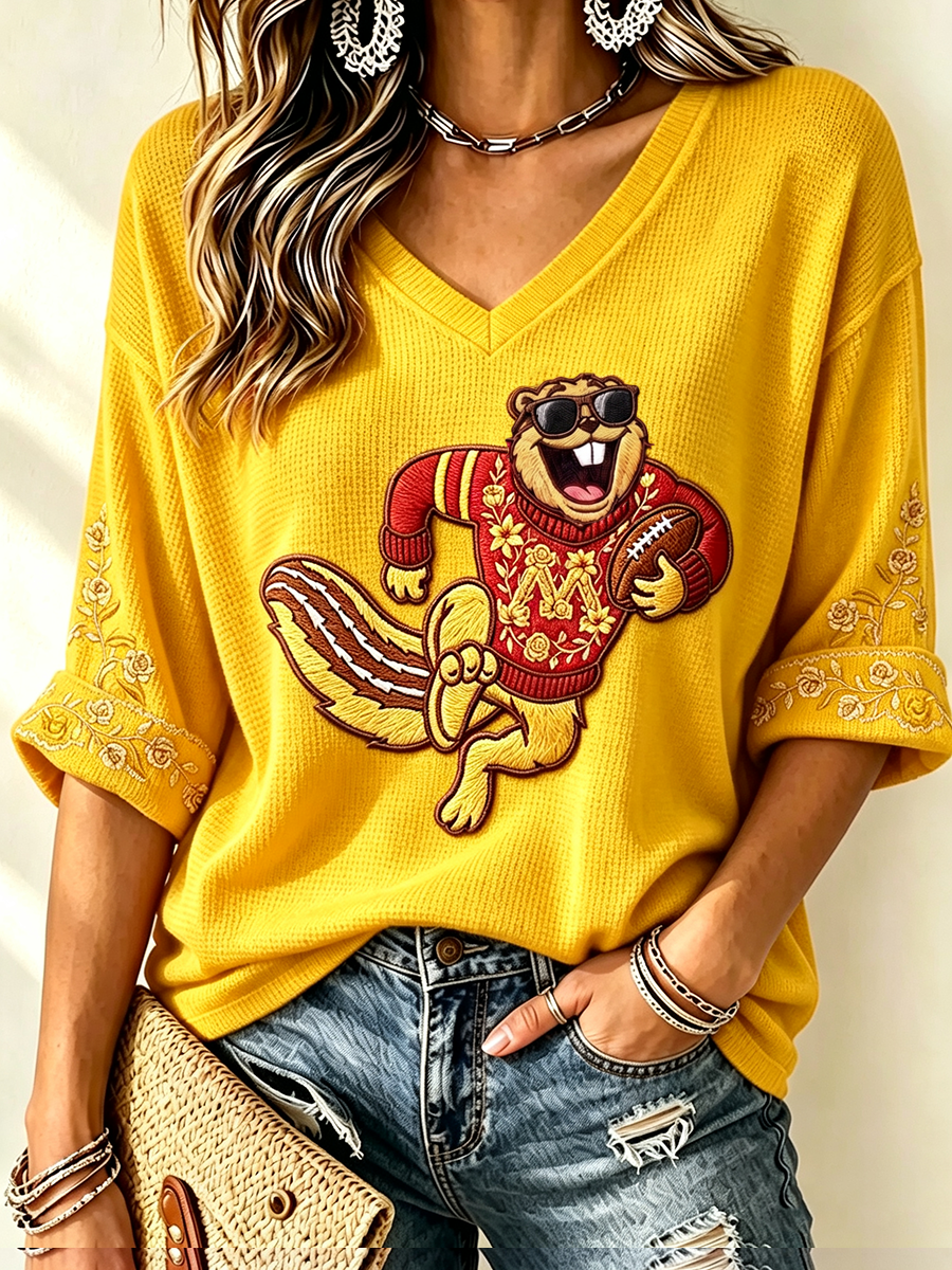Women'S Rugby Patterned Waffle V-Neck Top