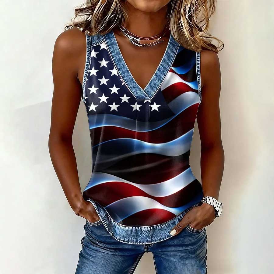 Women's Retro Flag-Print Patchwork Casual V-Neck Vest